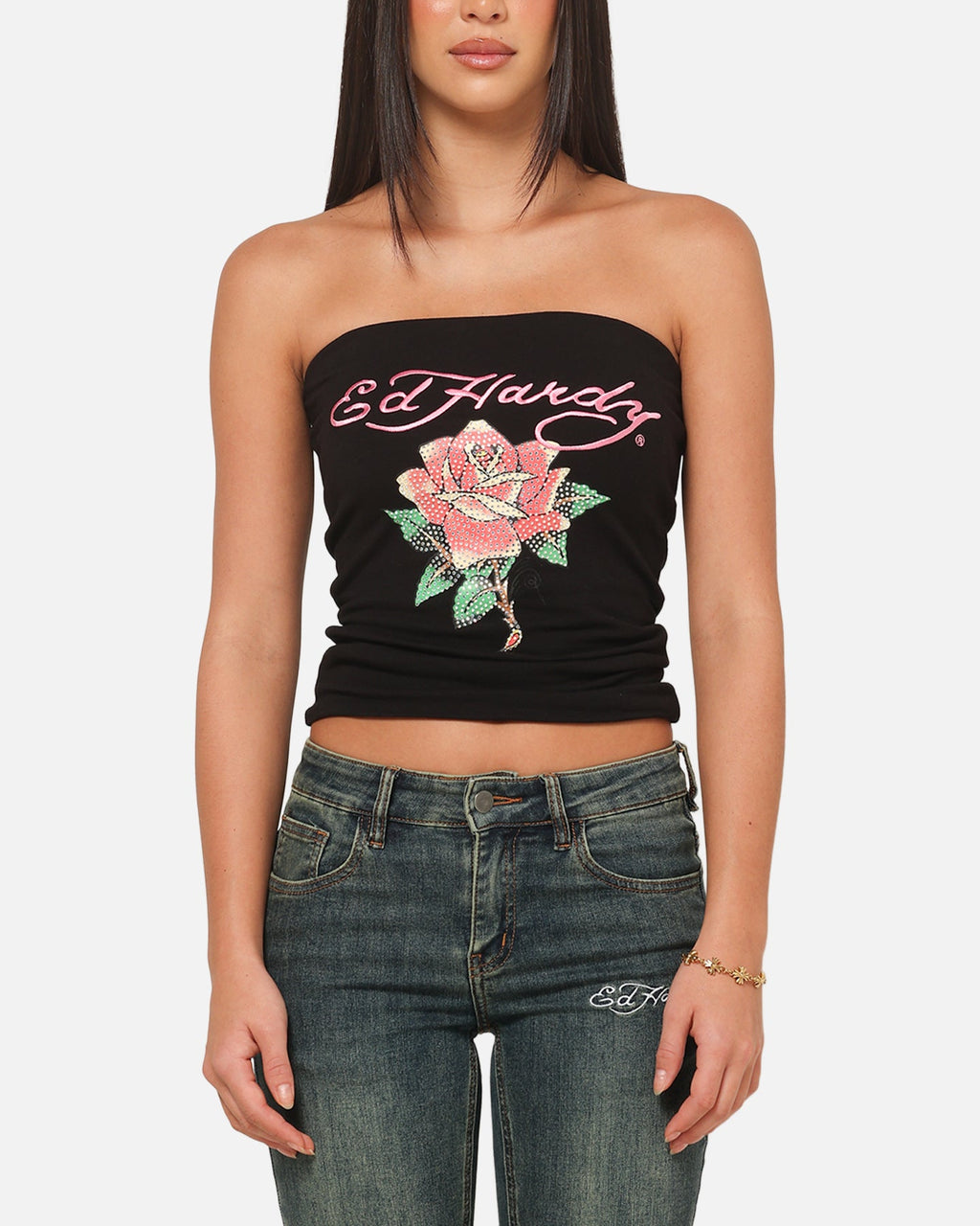 Ed Hardy Women's Rhinestone Rose Boob Tube Black