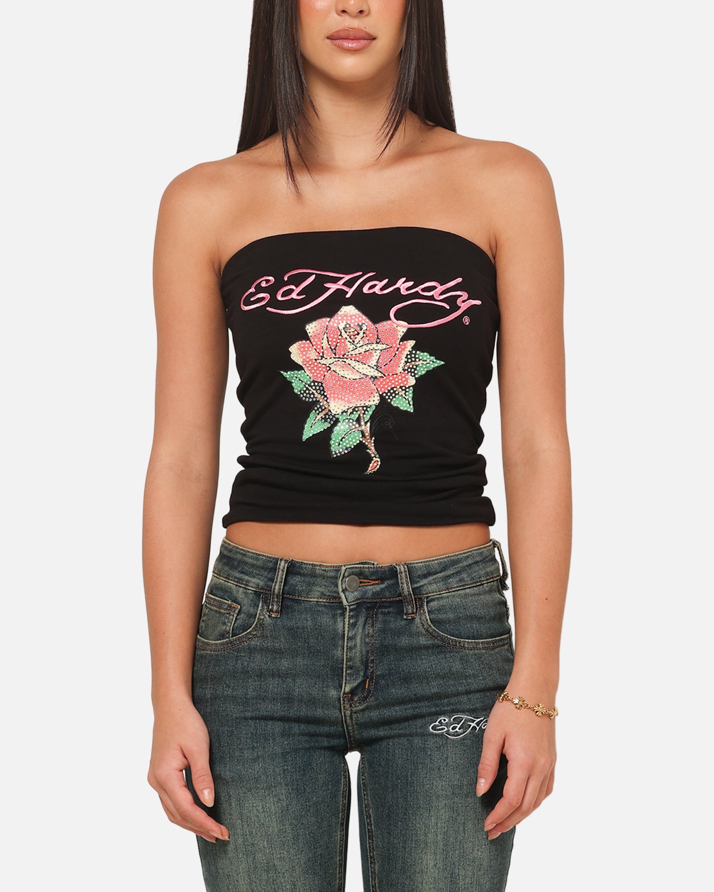 Ed Hardy Women's Rhinestone Rose Boob Tube Black