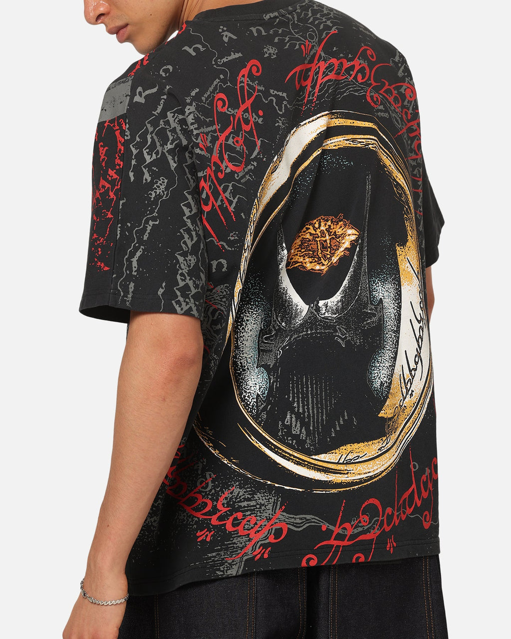 73Studio X Lord Of The Rings Sauron All Over Print T-Shirt Black Acidwash
