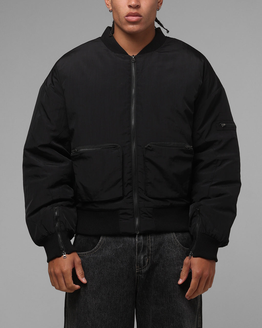 Loiter Hybrid Cropped Bomber Jacket Black