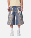 MNML Ultra Baggy Chain Printed Denim Shorts Light Blue