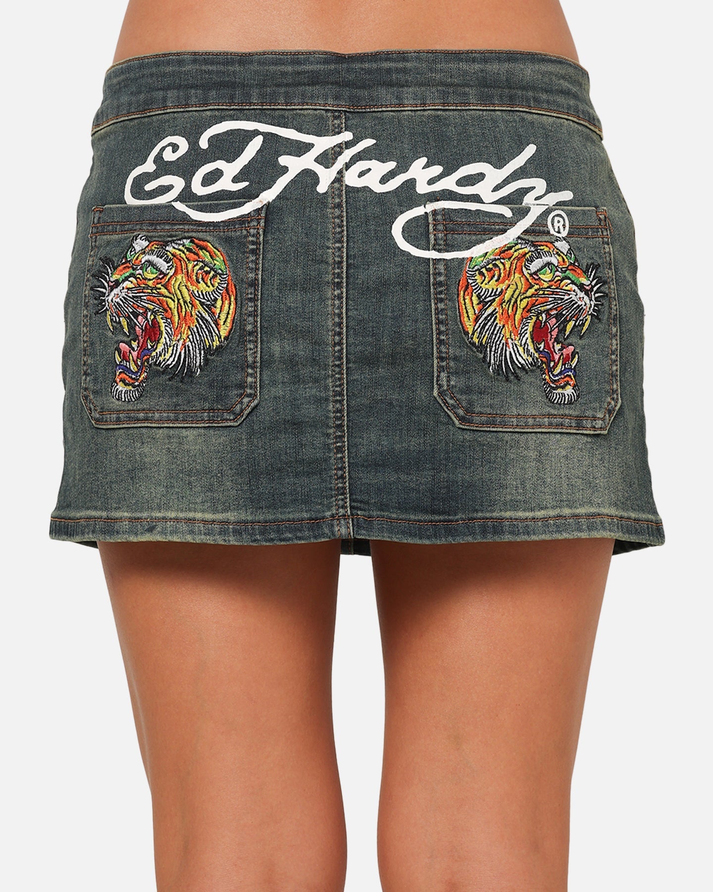 Ed Hardy Women's Tiger Denim Skirt Dirty Blue