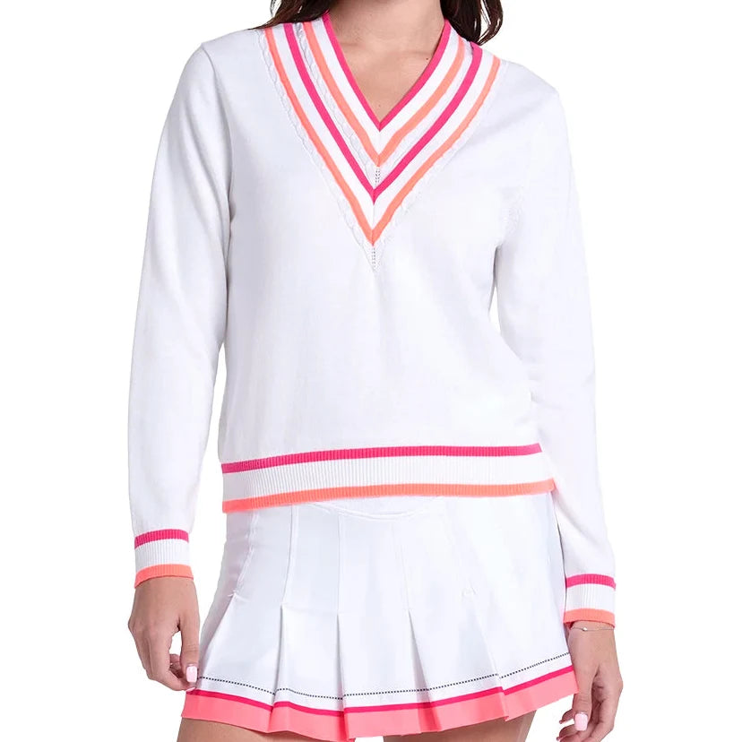 Women's Victory V-Neck Tennis Sweater White and Shocking Pink-Apparel-Lucky In Love-CX105-115-1-Tennis Express