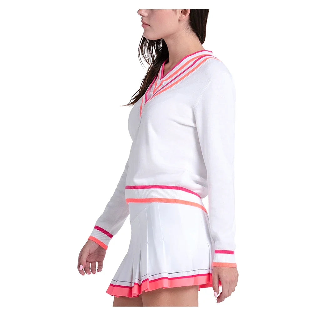 Women's Victory V-Neck Tennis Sweater White and Shocking Pink